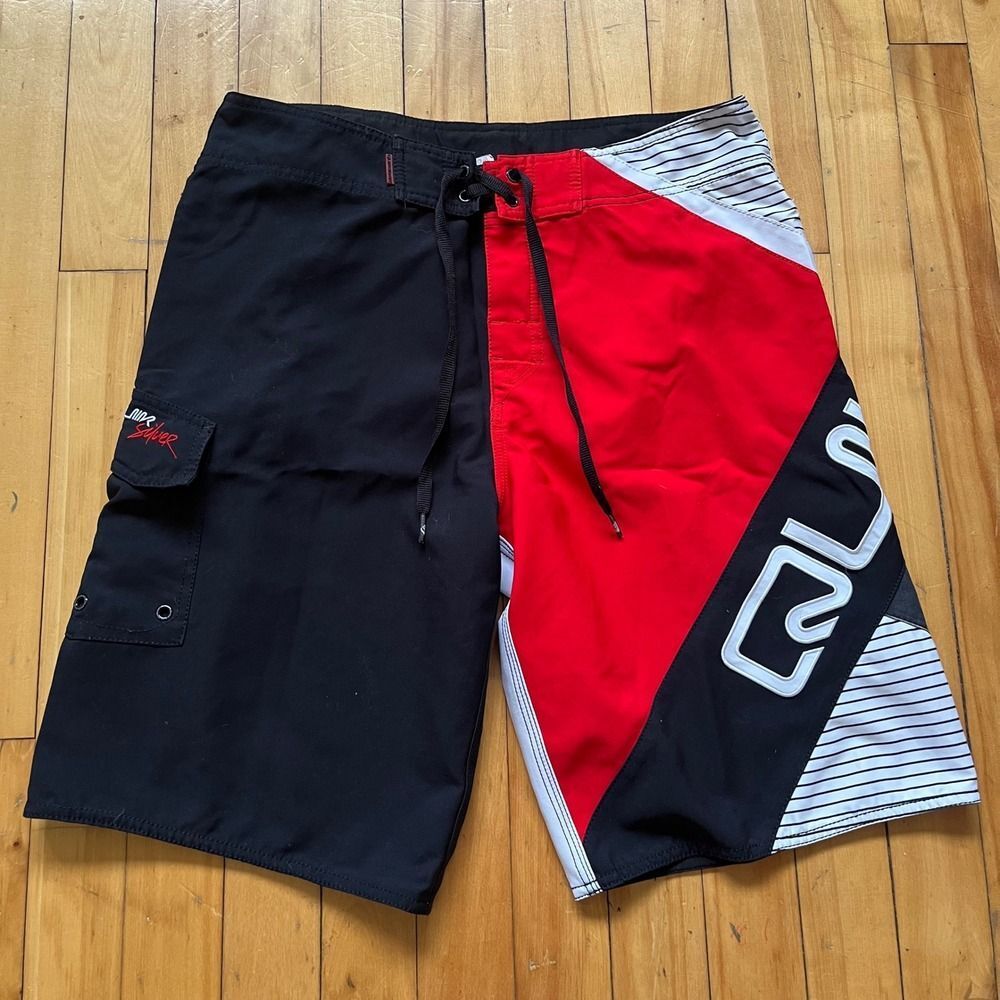 Quiksilver Board Shorts Swim Trunks Black Red White Geometric Logo Size 32